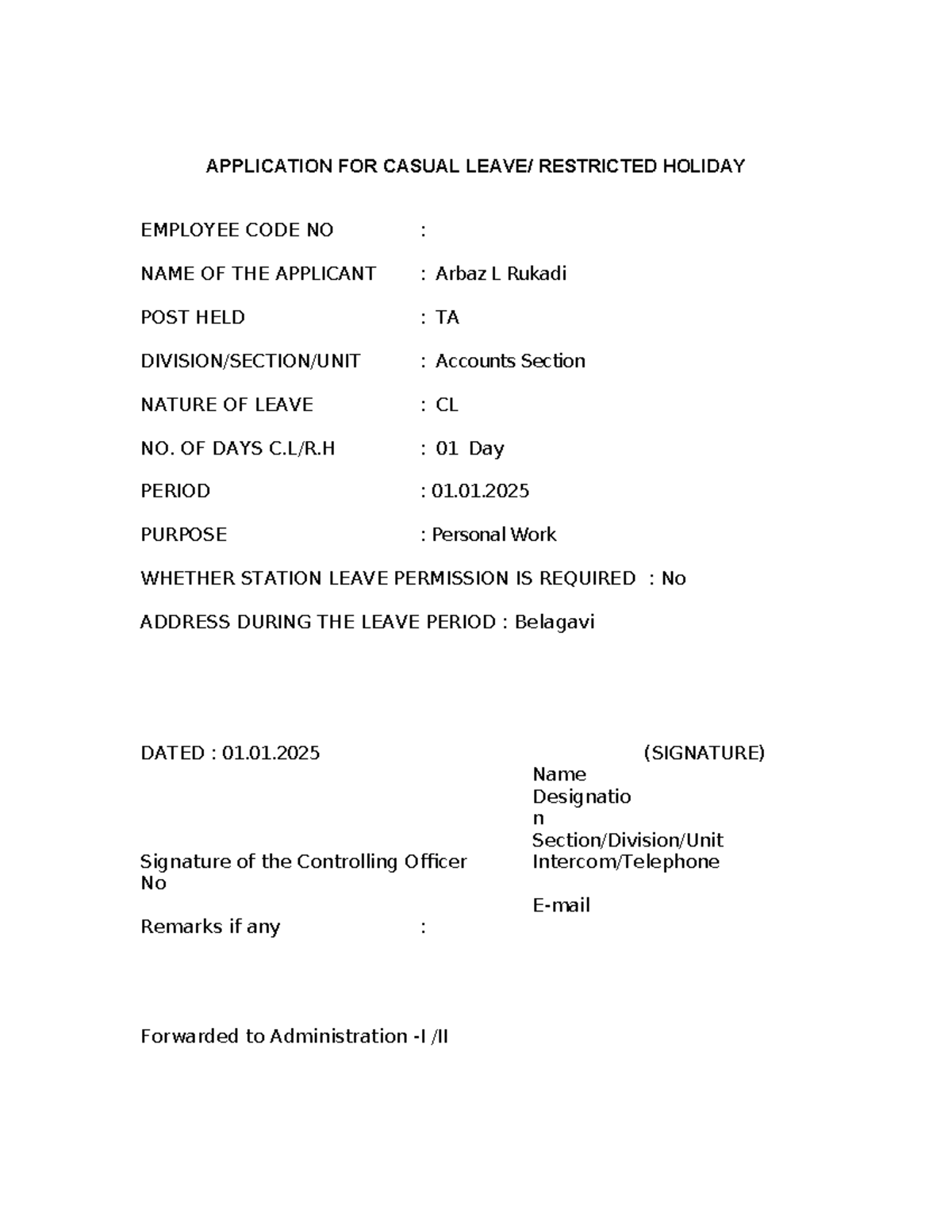 CL Application - Casual leave - APPLICATION FOR CASUAL LEAVE ...