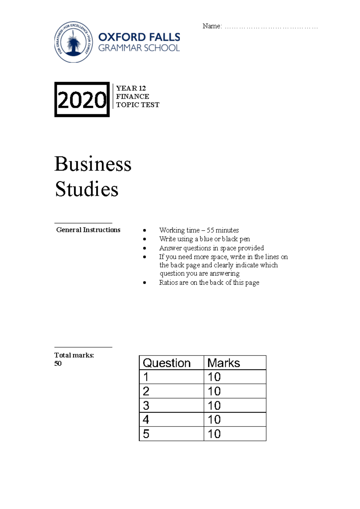 2020 Year 12 Business Studies Finance Topic Test Notes (Task 3) - Studocu