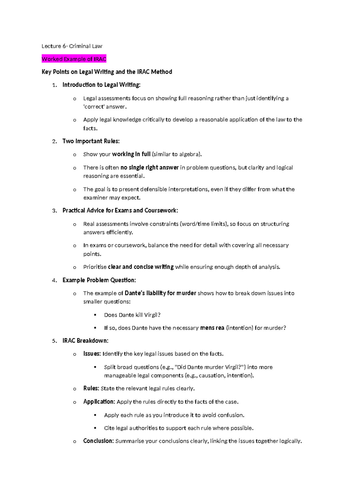 IRAC Method & Critical Analysis in Criminal Law Lecture Notes (LAW 101 ...