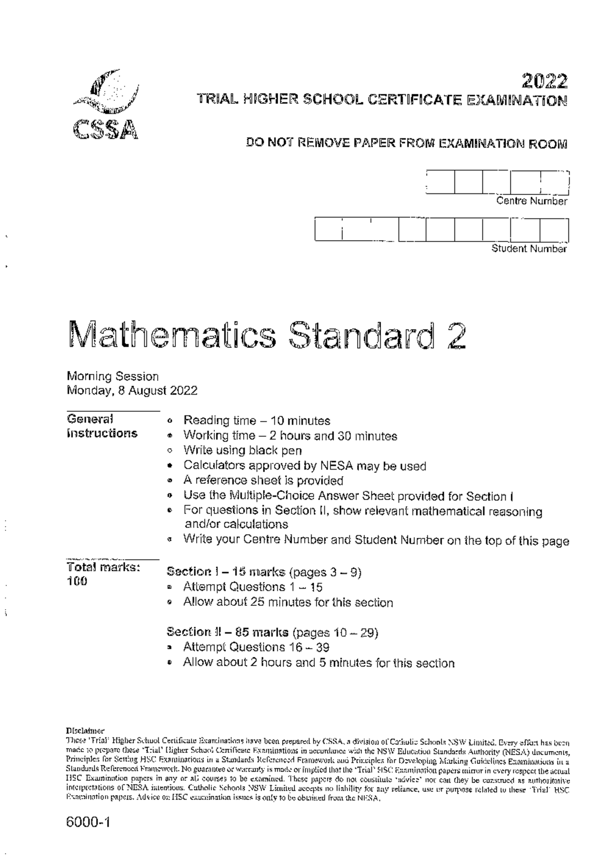 CSSA Mathematics Standard 2 2022 Trial Exam Paper - Studocu