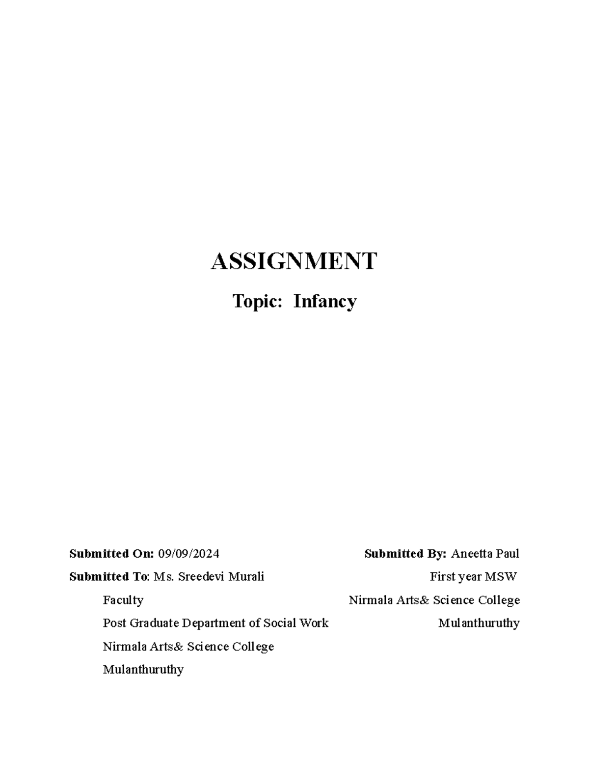Ponnu assignment-1 - Assignment - ASSIGNMENT Topic: Infancy Submitted ...
