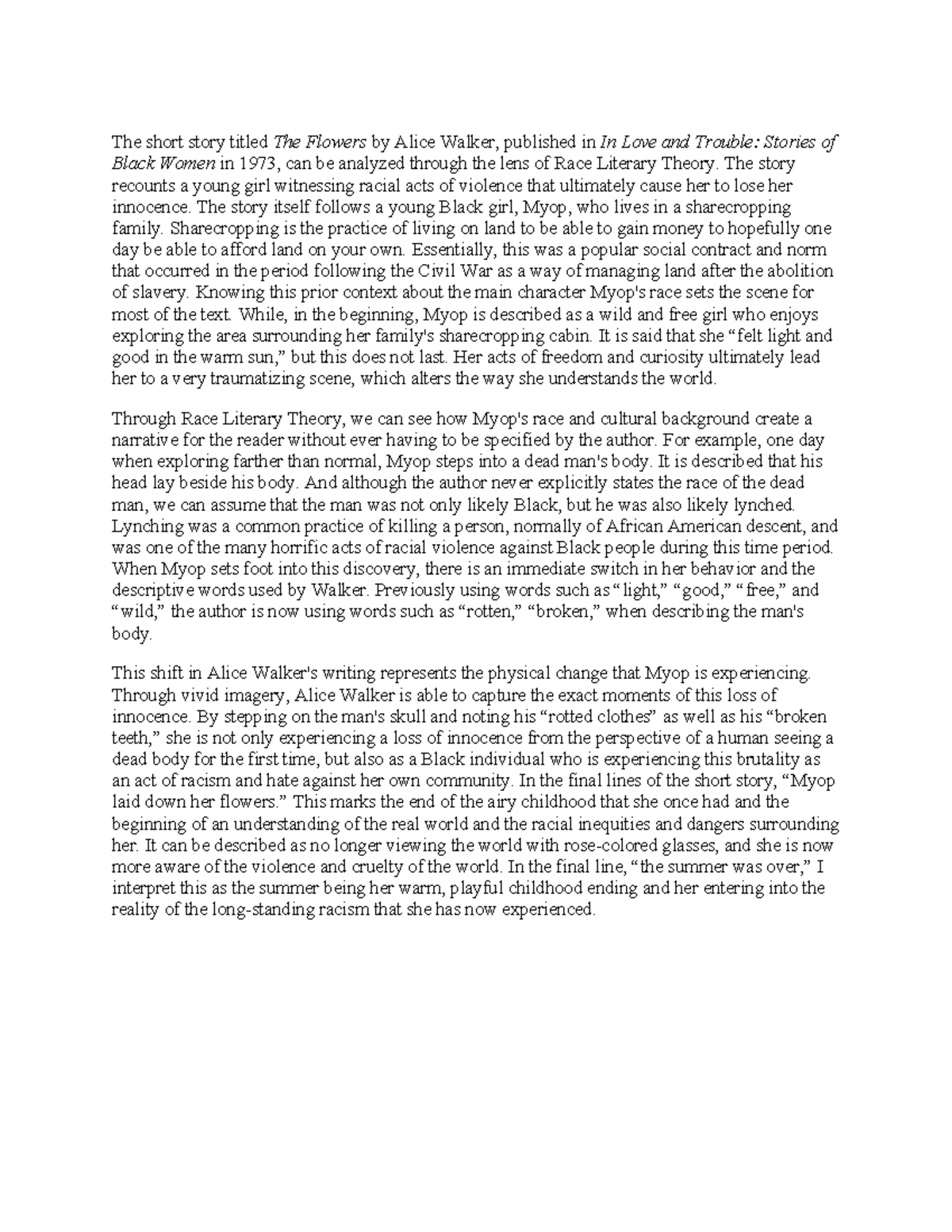 Race Literary Theory Analysis of Alice Walker's "The Flowers" - Studocu