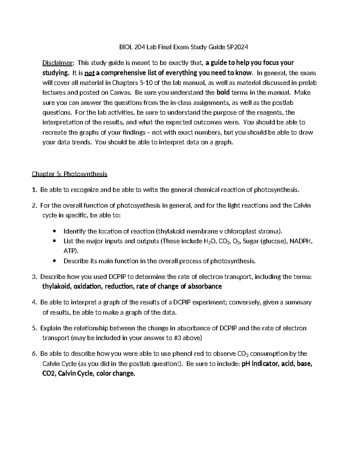 BIOL 204 Lab Final Exam Study Guide (Chapters 5-10) SP2024 - BIOL 204 ...