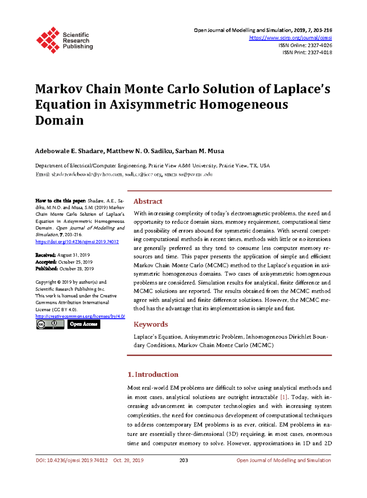 Markov Chain Monte Carlo (MCMC) Solution of Laplace Equation in ...