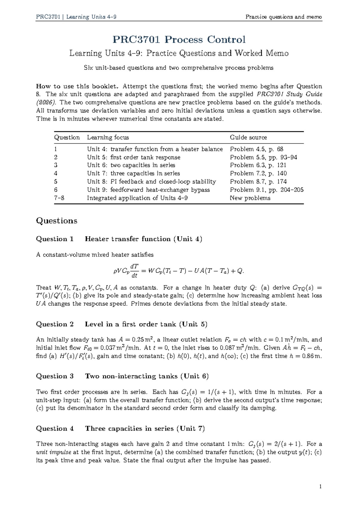PRC3701 Process Control: Learning Units 4-9 Practice Qs & Solutions ...