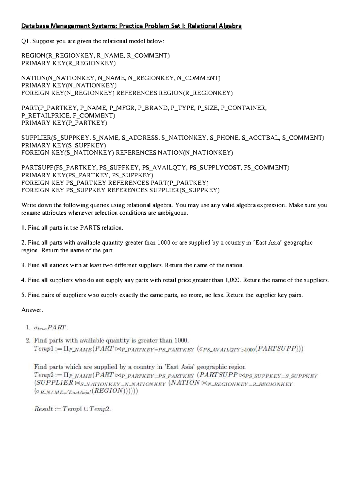 Database Management Systems: Practice Problem Set I - Relational ...