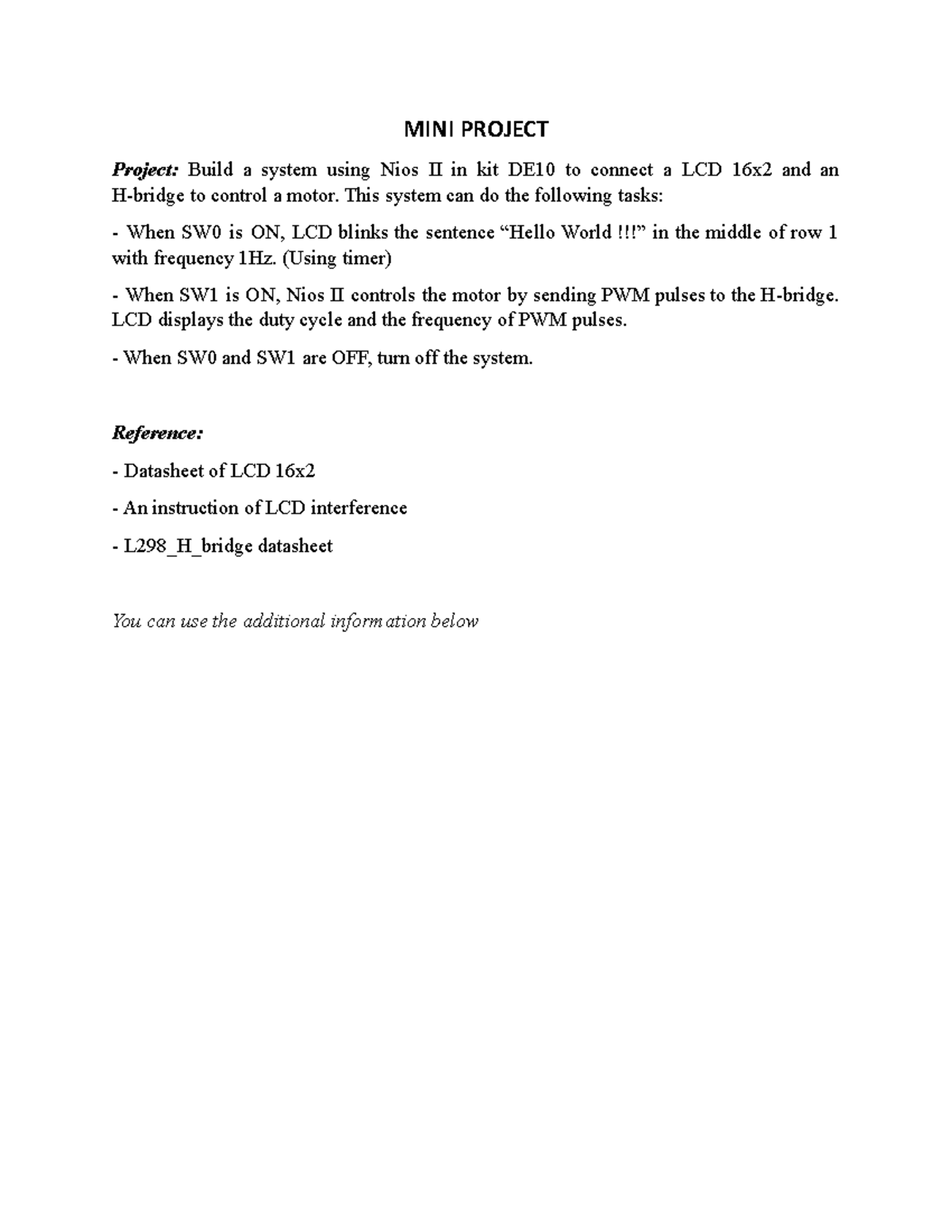 Mini Project - MINI PROJECT Project: Build a system using Nios II in ...