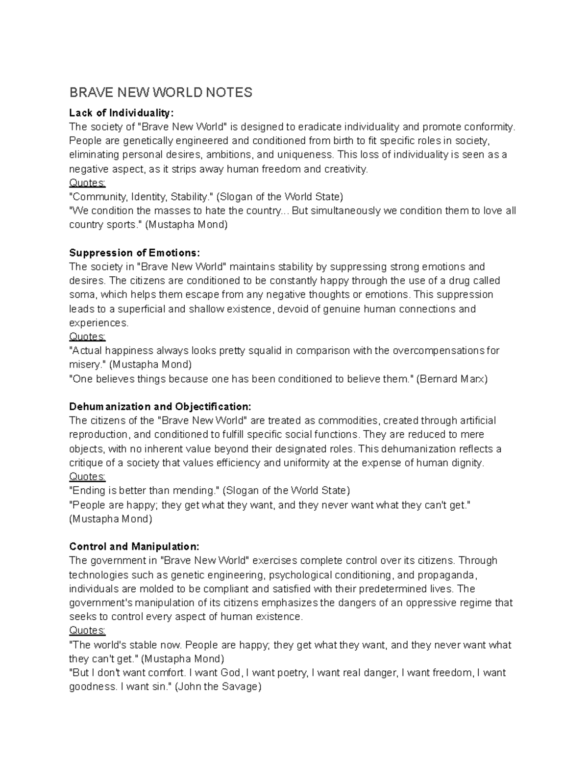 BRAVE NEW WORLD NOTES: Critique of Individuality and Control - Studocu