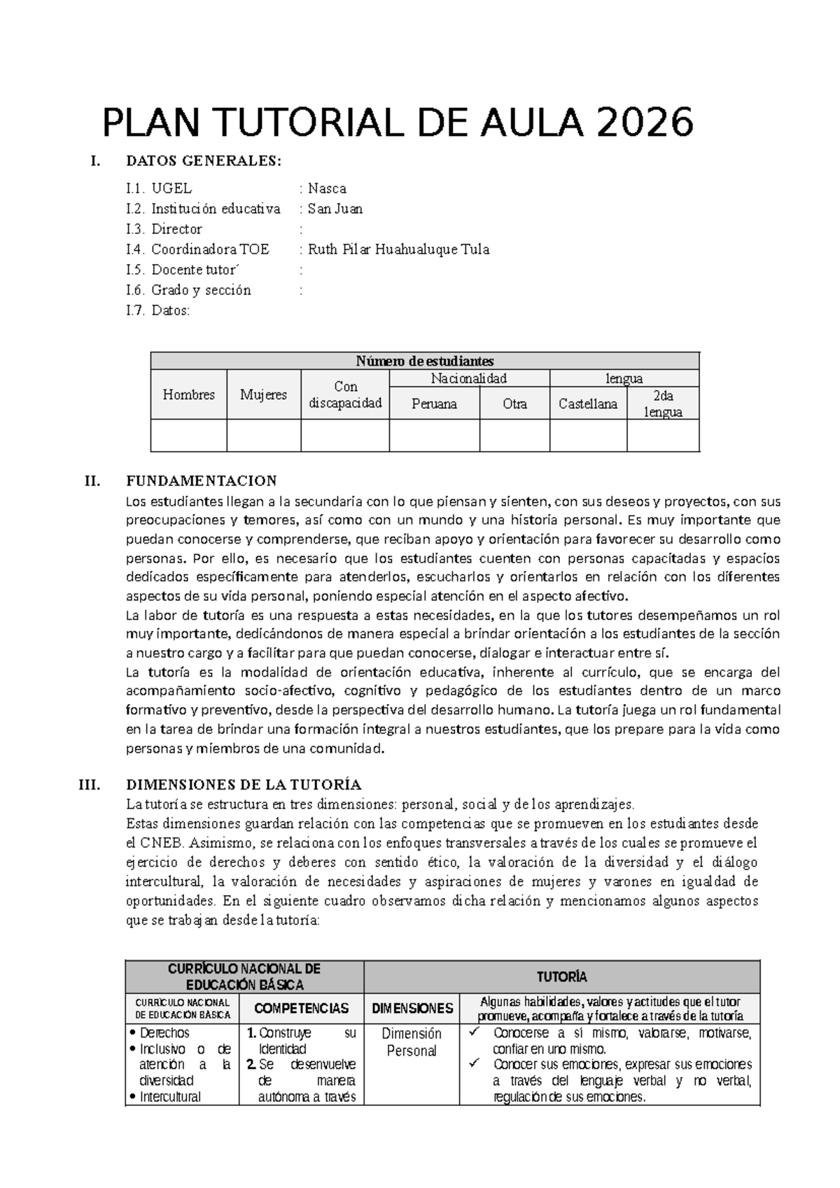Modelo de Plan Tutorial de Aula 2026 I: Estrategias y Diagnóstico - Studocu