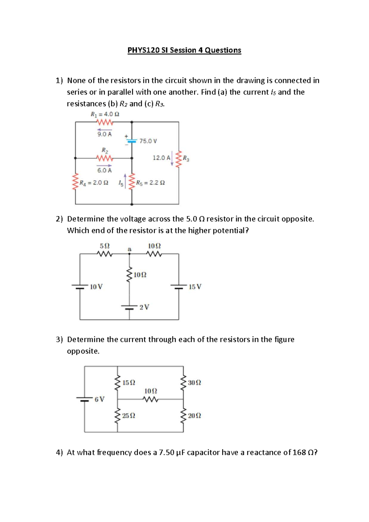 PHYS120 SI Session 4: Circuit Analysis Questions - Studocu