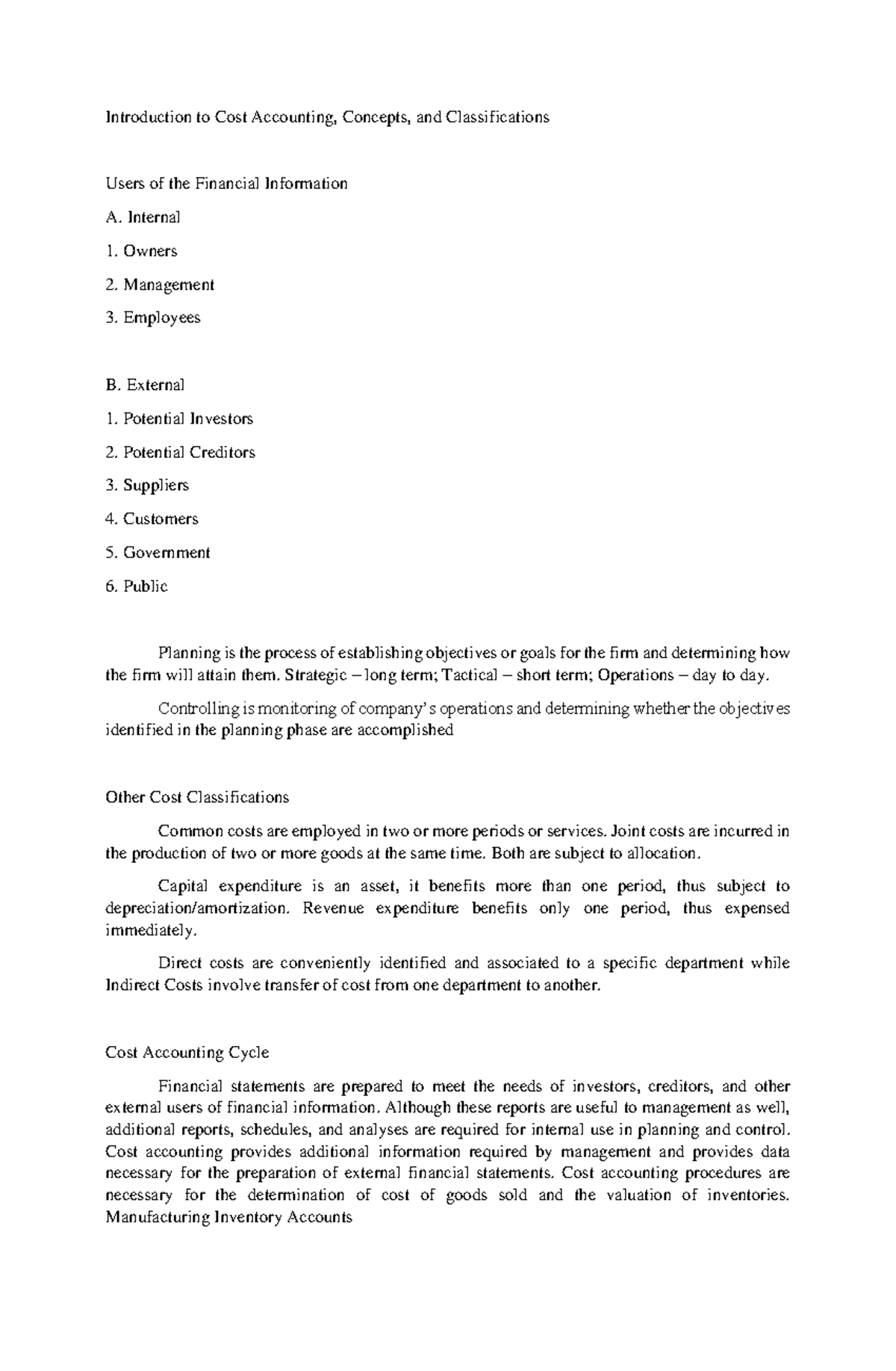 Cost Accounting Concepts & Classifications Overview (ACC101) - Studocu