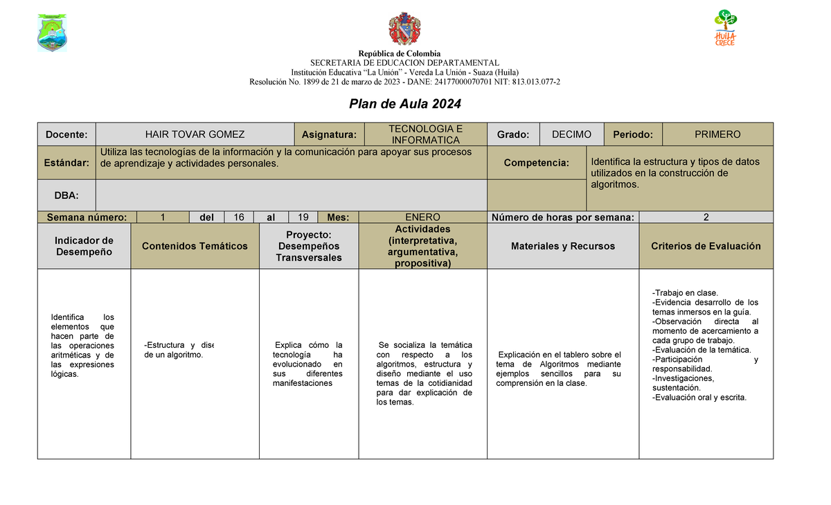 Plan de Aula 2024: Tecnología e Informática Grado Décimo P1 - Studocu
