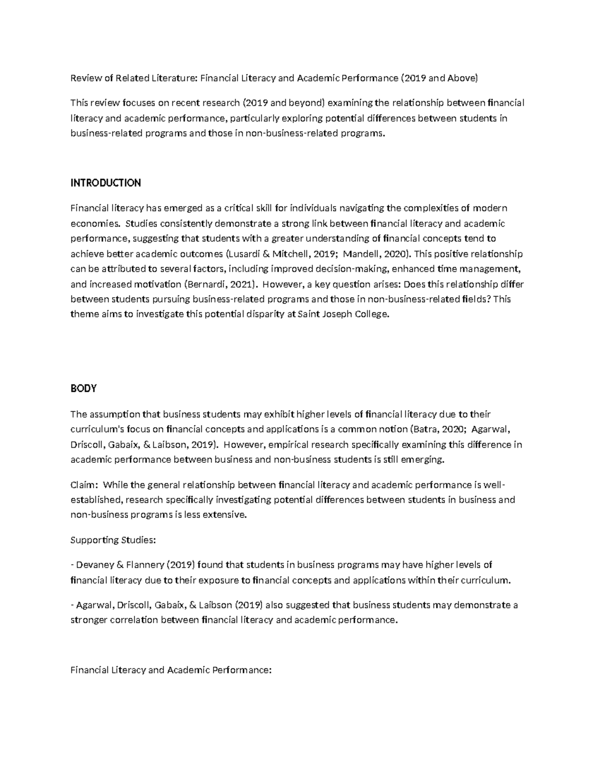 RRL Notes: Financial Literacy & Academic Performance (2019+) - Studocu