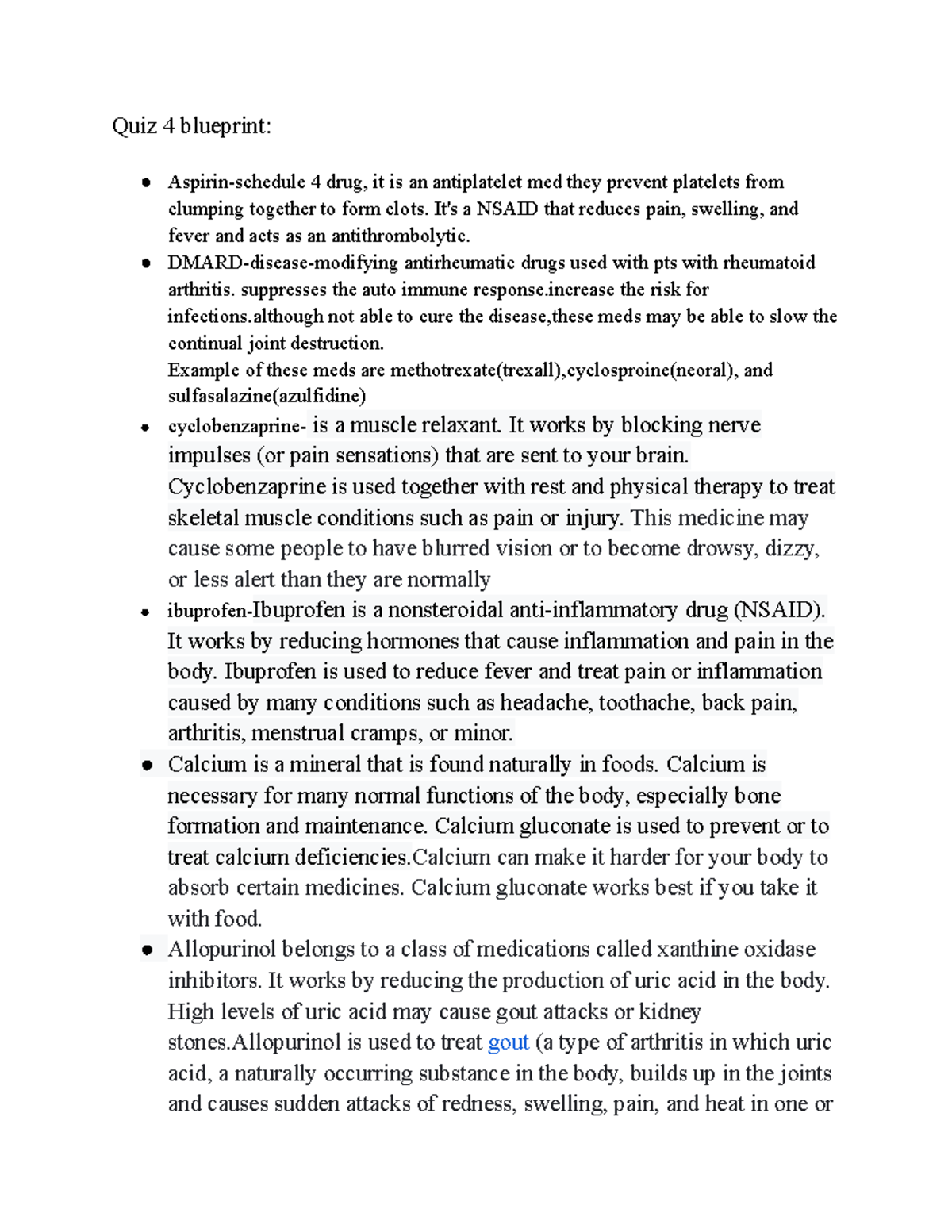 Quiz 4 Blueprint: Overview of Medications and Their Uses - Studocu