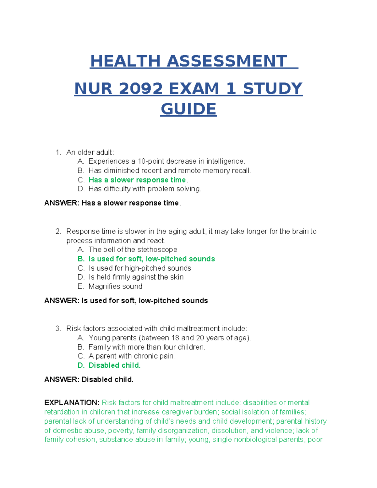 NURS 2092 HEALTH ASSESSMENT EXAM 1 STUDY GUIDE - Studocu