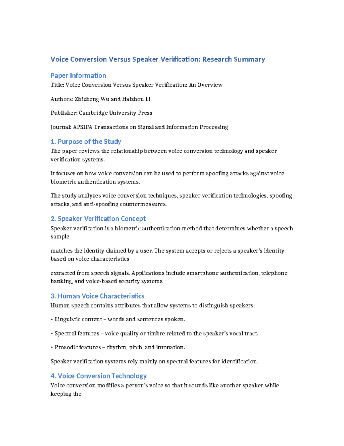 Voice Conversion vs. Speaker Verification: Research Summary (CS101 ...