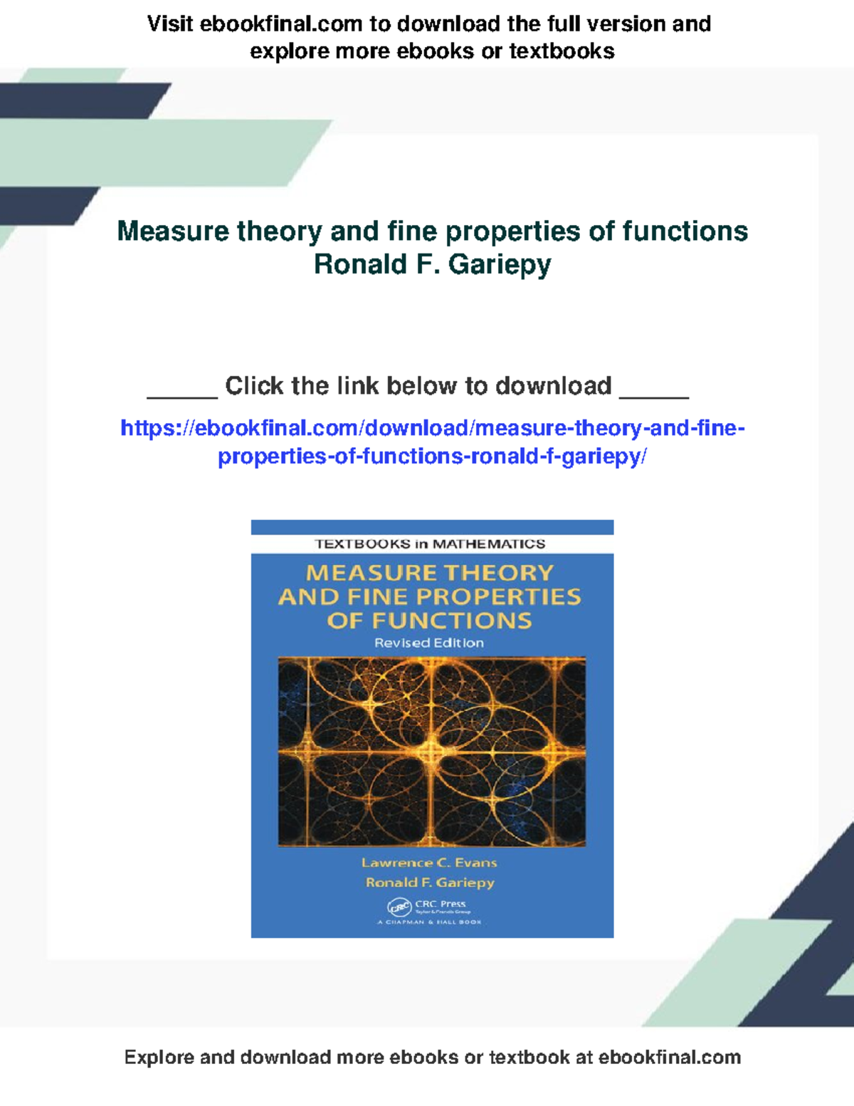 Measure Theory and Fine Properties of Functions (Revised Ed.) - Studocu