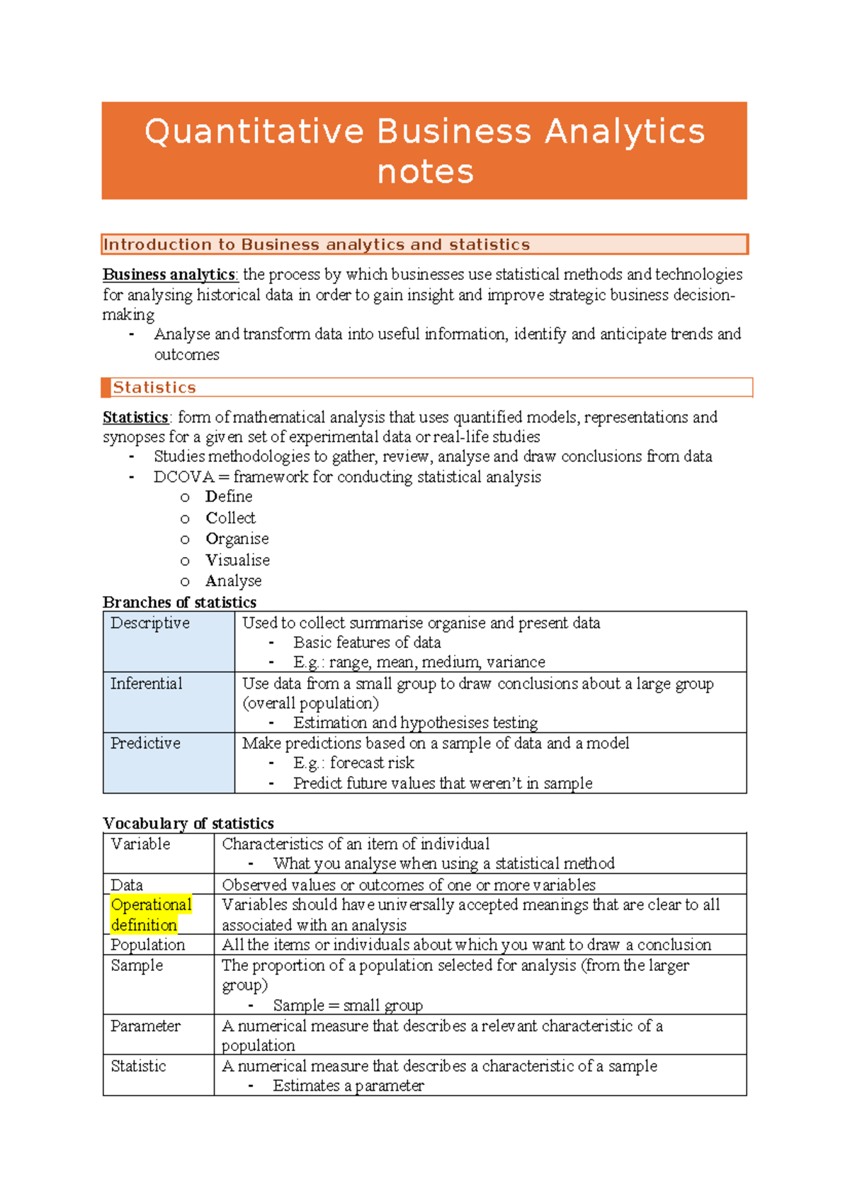 Quantitative Business Analytics Notes: Intro to Business Analytics ...