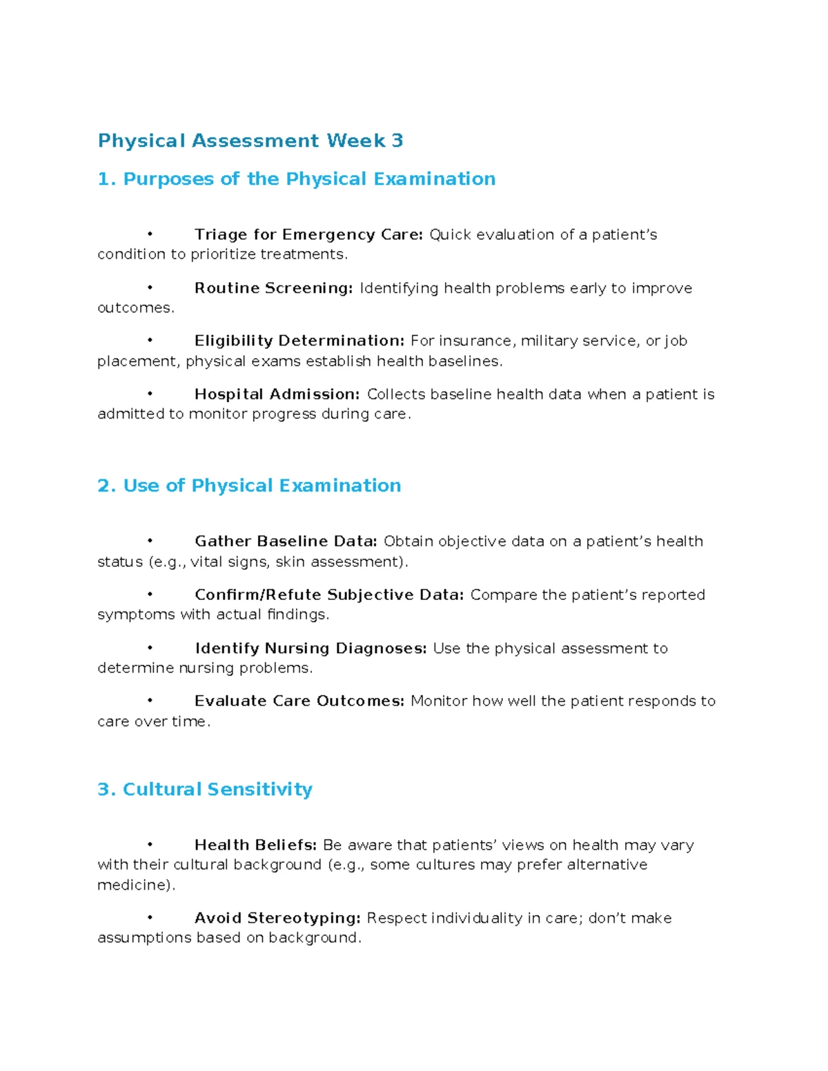 Week 3 Physical Assessment Guide: Key Techniques & Considerations - Studocu