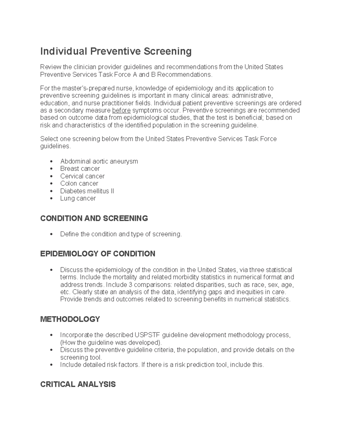 NUR 505 Assignment: Individual Preventive Screening Review and Analysis ...