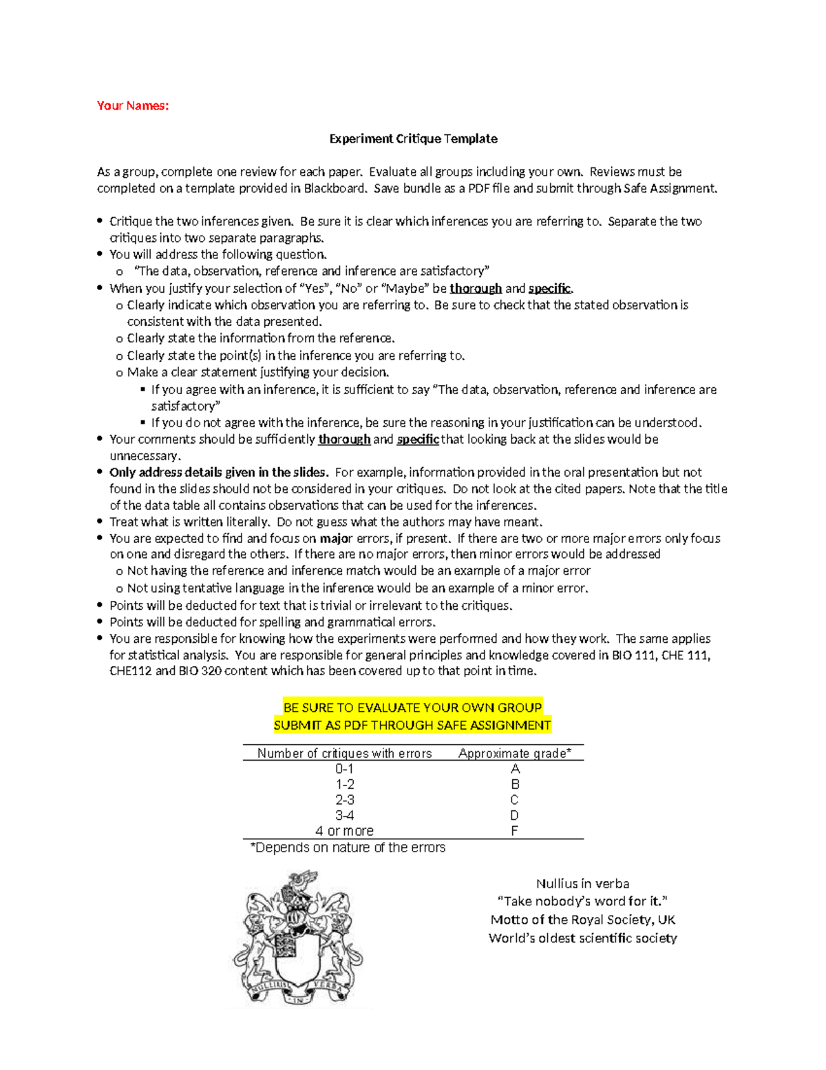 BIO CHE CHE112 & BIO 320: Experiment Critique Template - Studocu