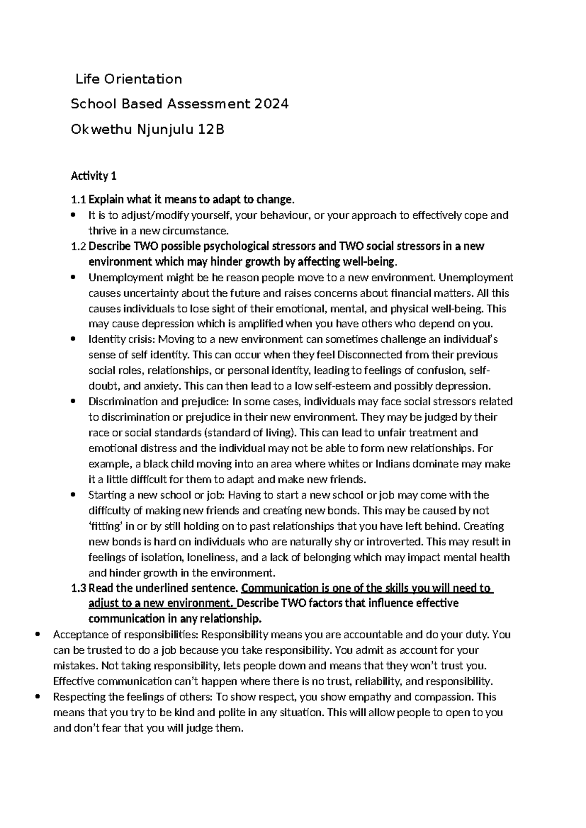LO - Term 1 Life Orientation Assignment on Adaptation and Growth - Studocu