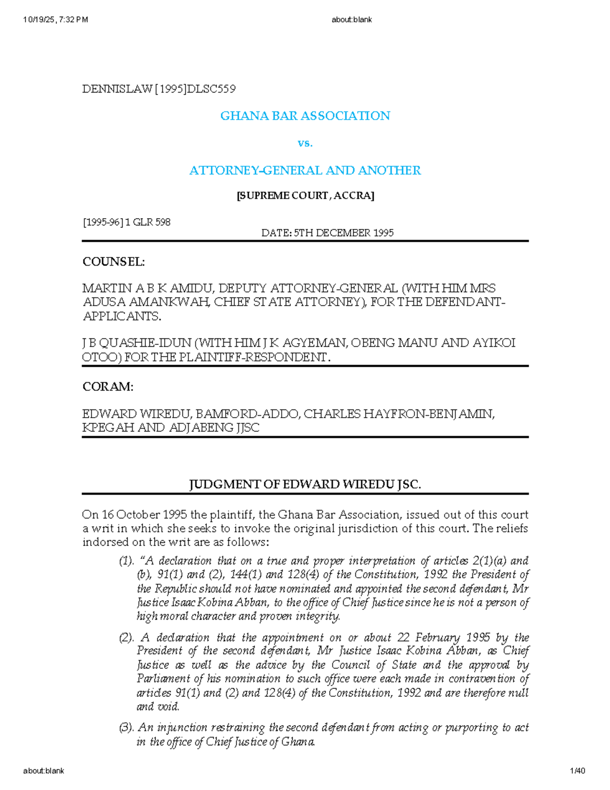 Ghana Bar Association v. Attorney-General: Jurisdiction & Appointment ...