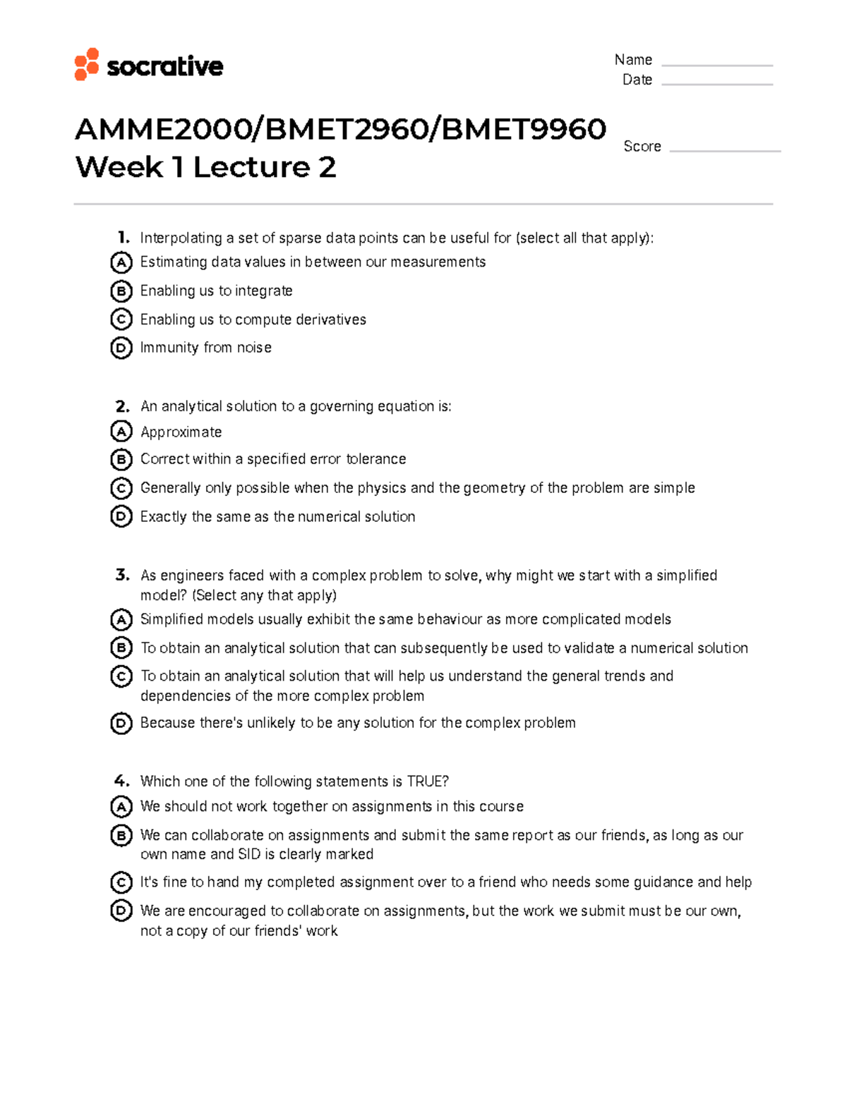 AMME2000/BMET2960/BMET Week 1 Revision Quiz Lecture 2 - Studocu