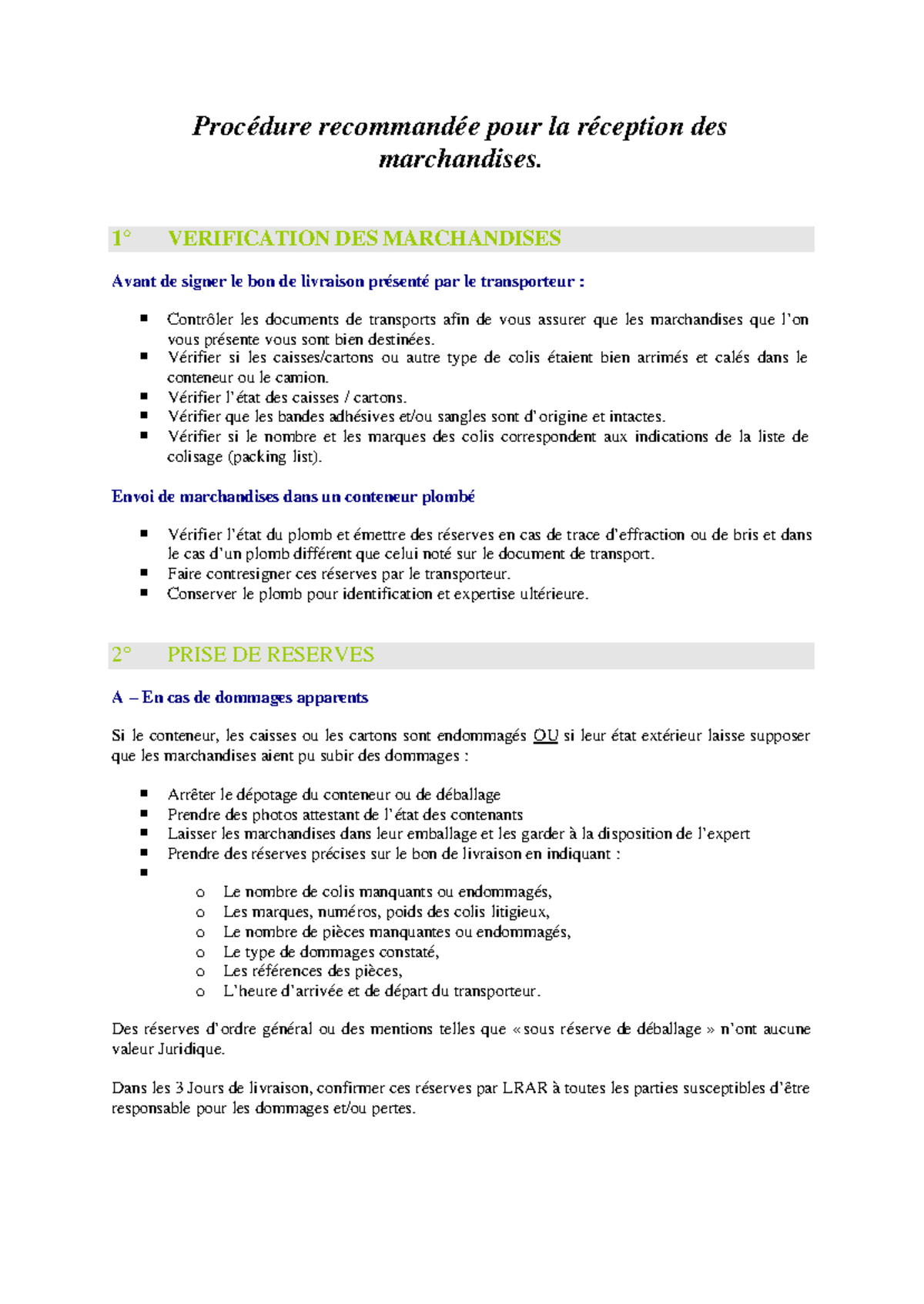 Procédure de Réception des Marchandises - Mars 2023 - Studocu