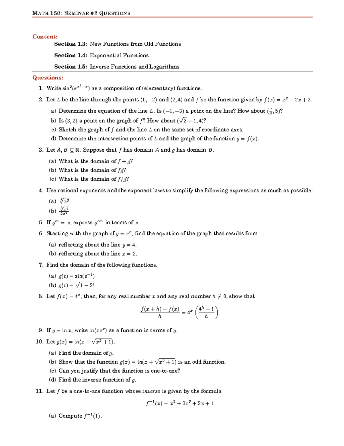 MATH 150: Seminar 2 Questions on Functions and Graphs - Studocu