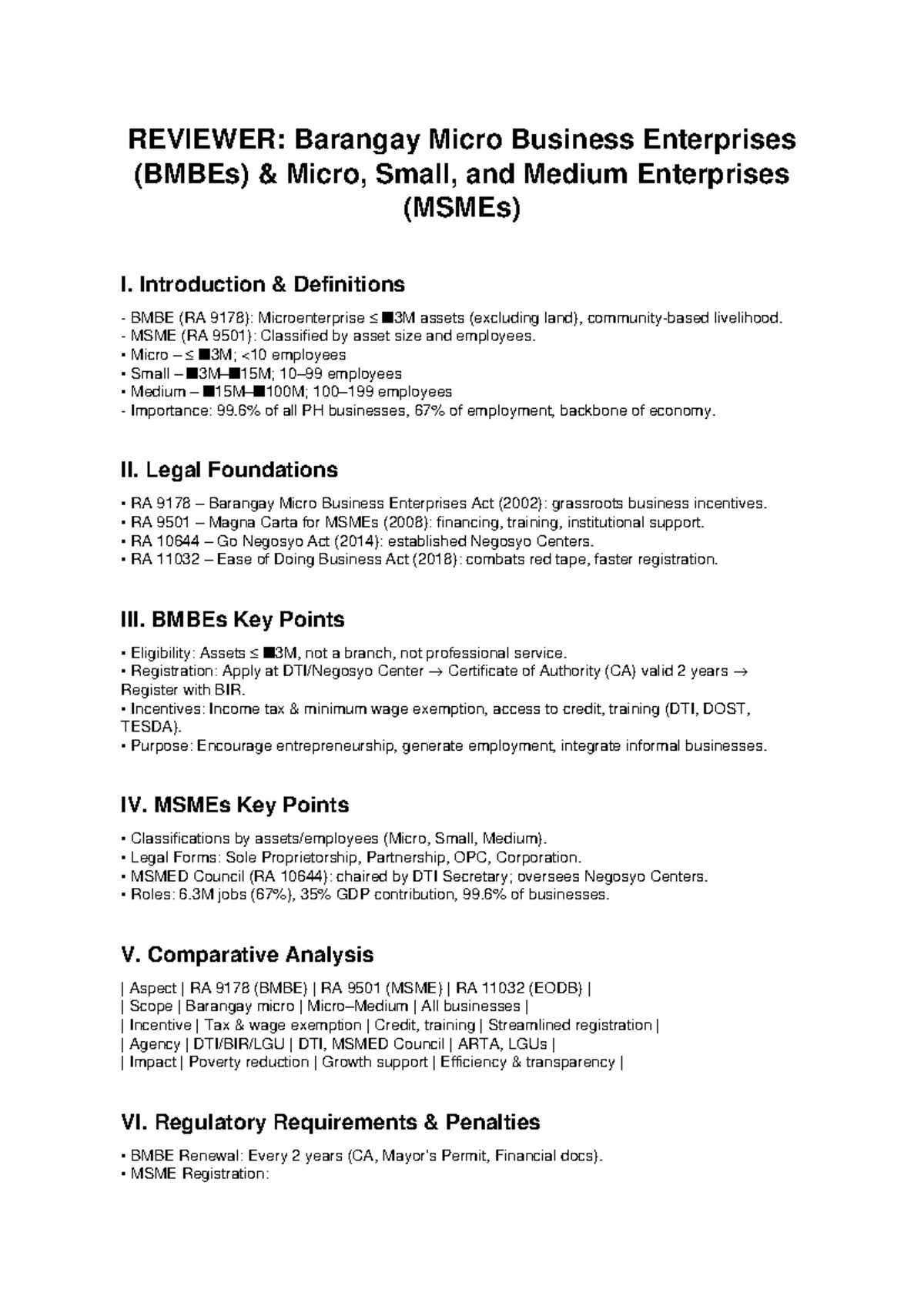 BMBE & MSME Reviewer: Key Legal Foundations and Insights - Studocu