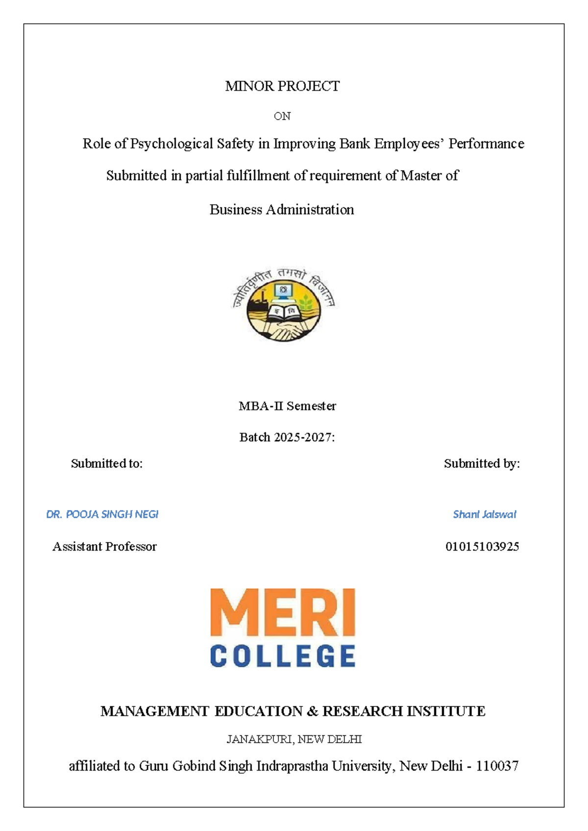 MBA Minor Project: Enhancing Bank Performance through Psychological ...