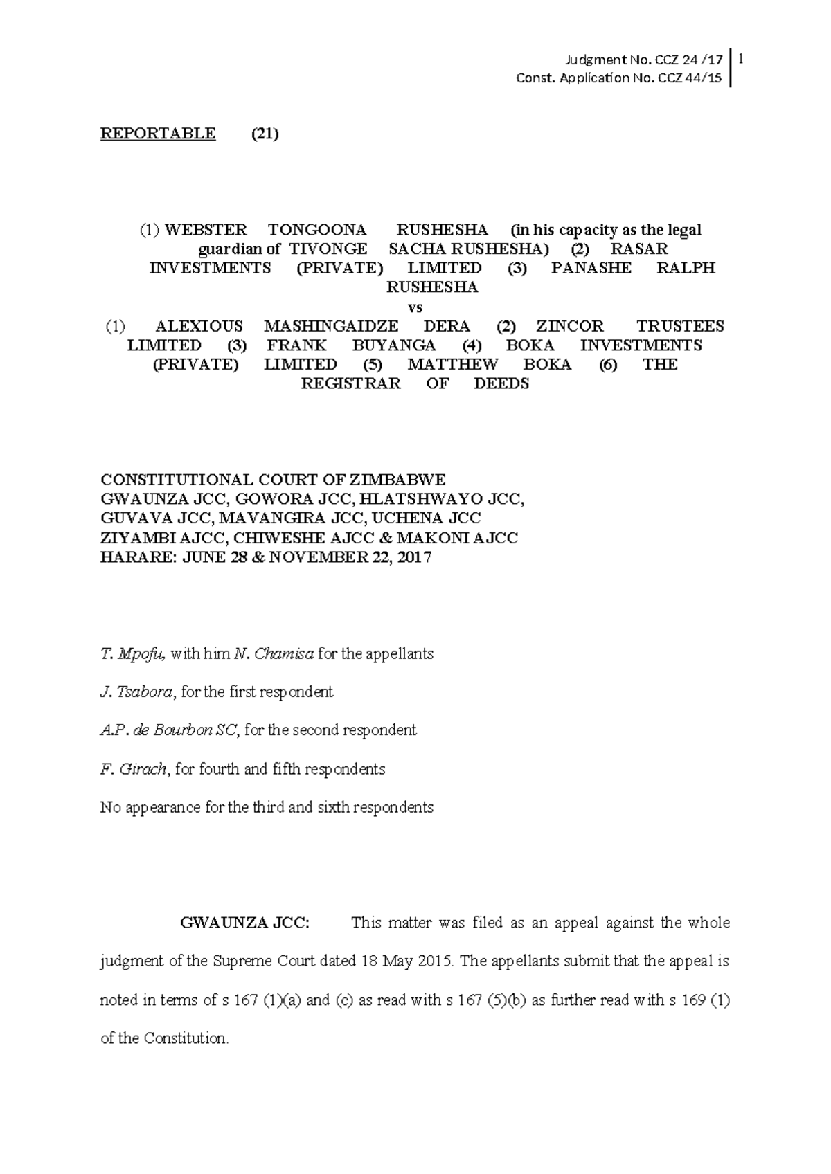 CCZ 24/2017: Rushesha vs Mashingaidze Dera - Constitutional Court ...