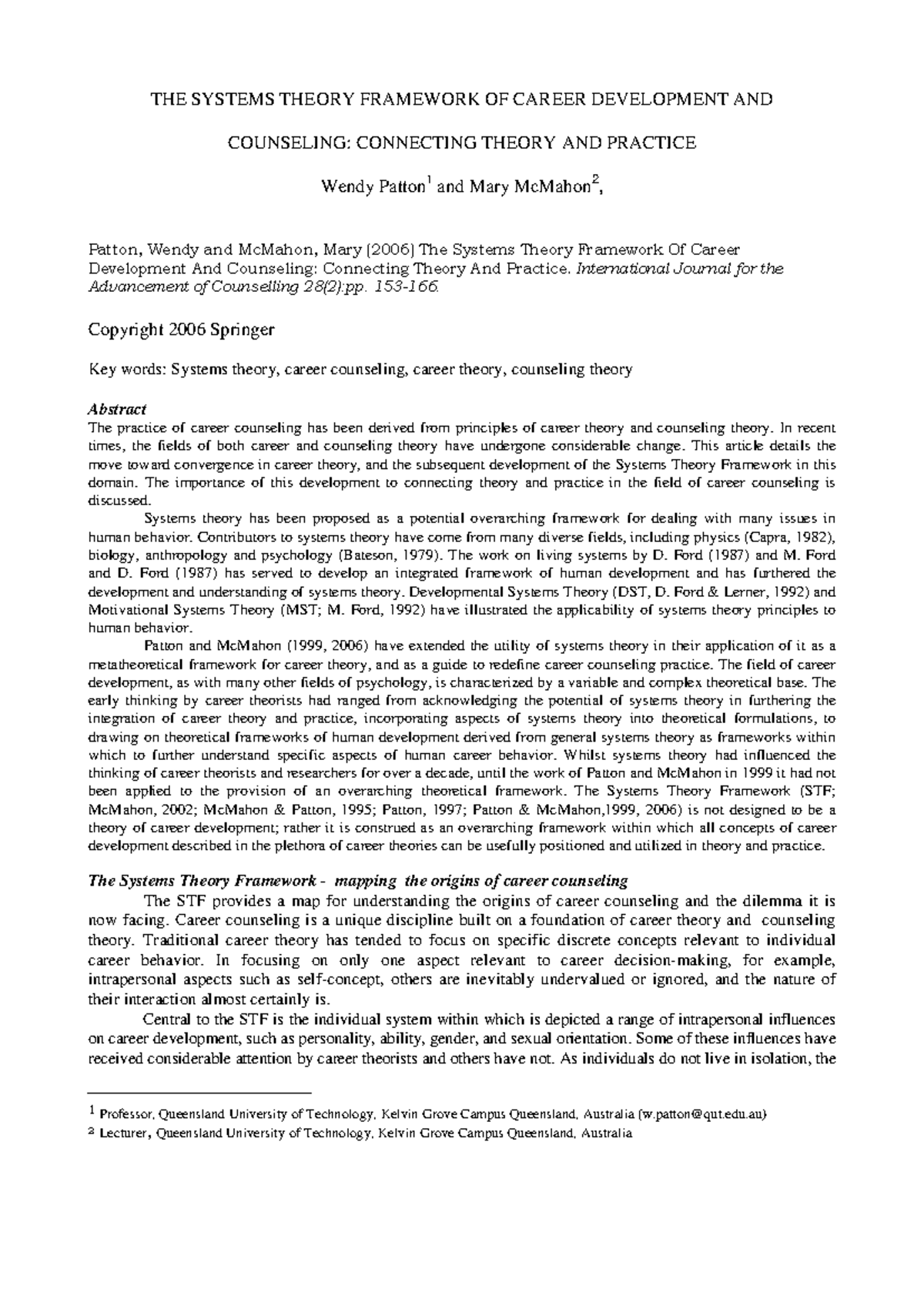 2621 1 - The Systems Theory Framework in Career Counseling - Studocu