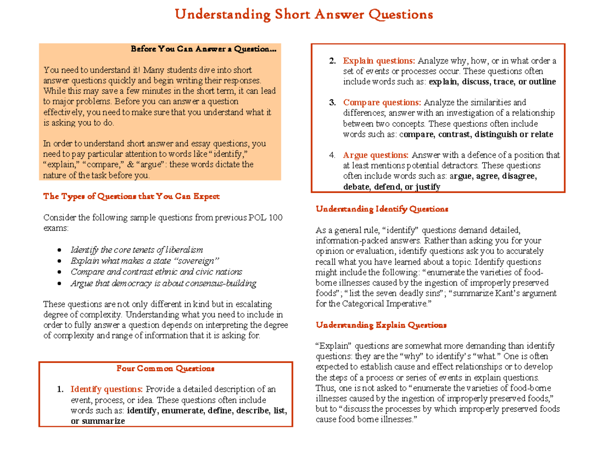 POL 100 Strategies for Answering Short Answer Questions - Studocu