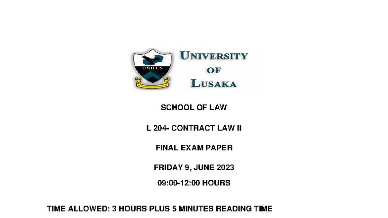 L204 2023 Contract Law II Final Exam Paper - June 9, 2023 - Studocu