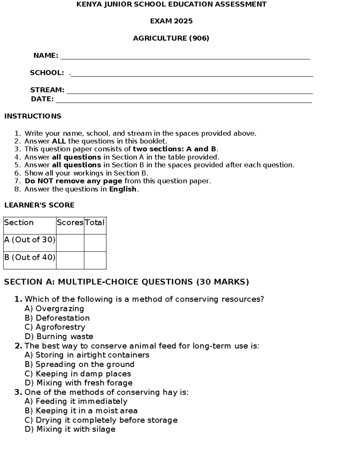 KENYA JUNIOR SCHOOL AGRICULTURE ASSESSMENT EXAM 2025 (906) - Studocu