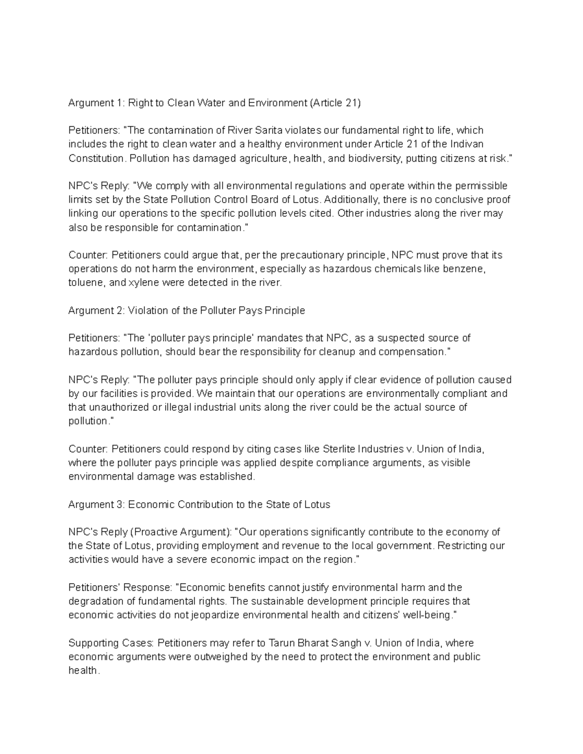 Rebuttal Arguments on Environmental Liability and Pollution (Law 101 ...