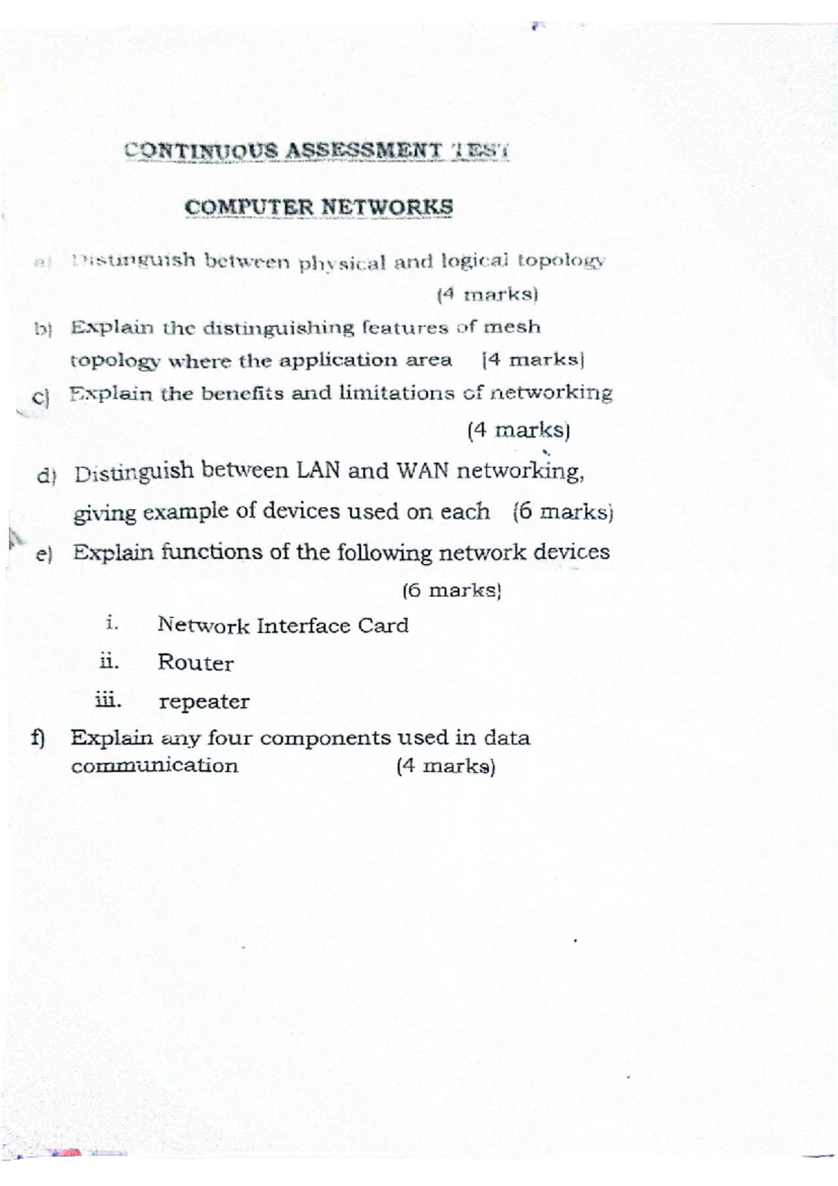 Computer networks. - CONTINUQUS ASSESSMENT 1 B8 COMPUTER NETWORKS ...