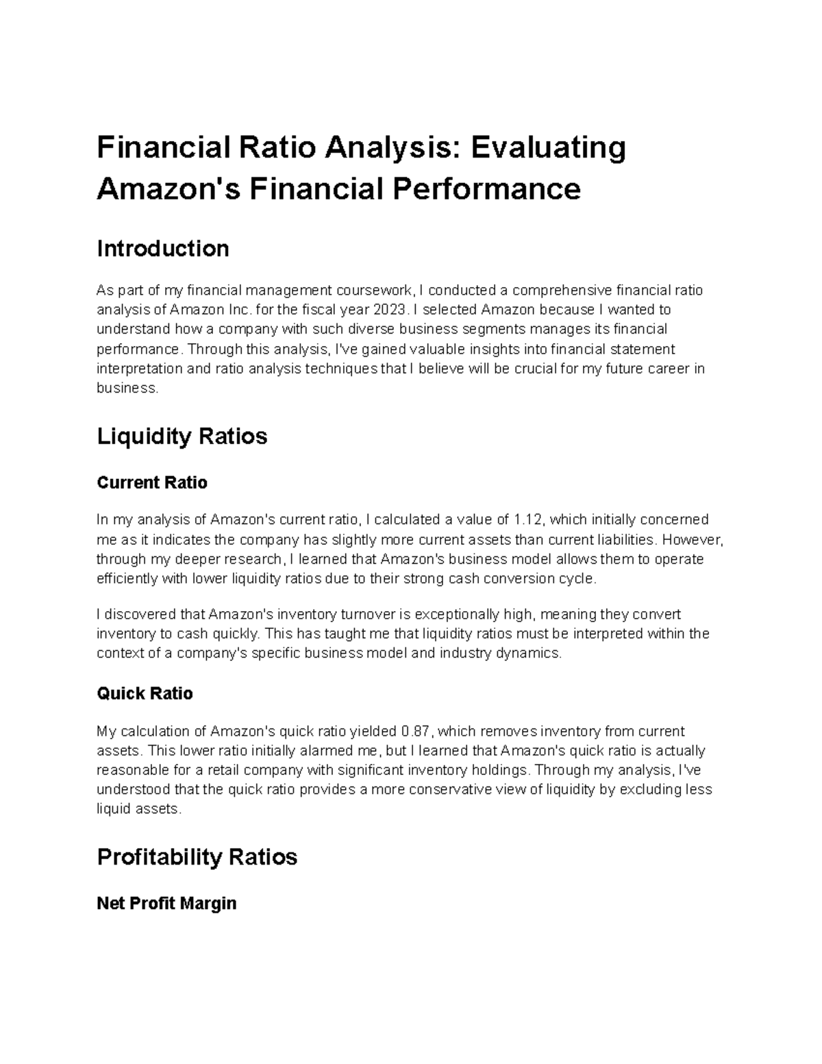 FIN 2023: Financial Ratio Analysis of Amazon Inc. Performance Insights ...