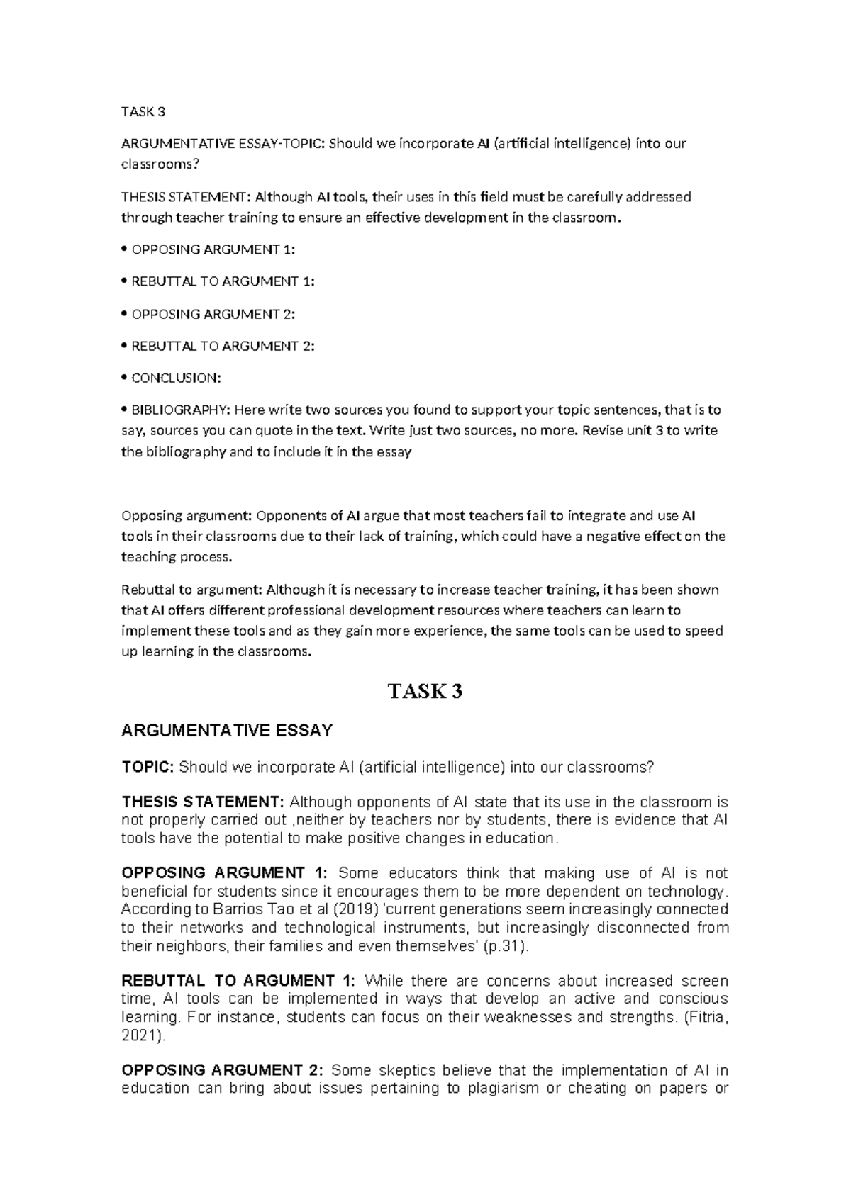 Draft TASK 3 - AAA: Argumentative Essay on AI in Classrooms - Studocu