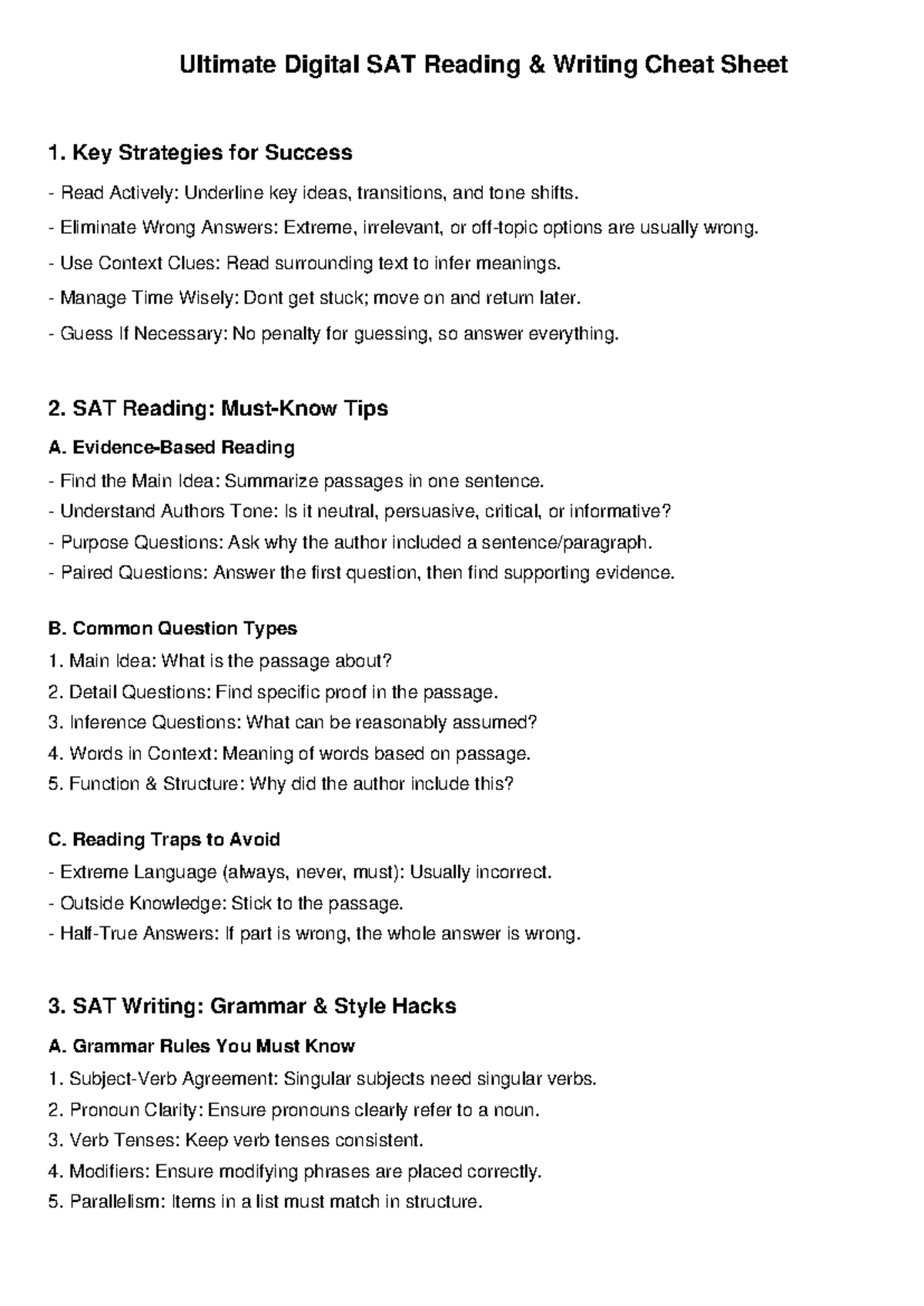 Digital SAT Reading &amp; Writing Cheat Sheet: Key Strategies &amp; Tips - Studocu