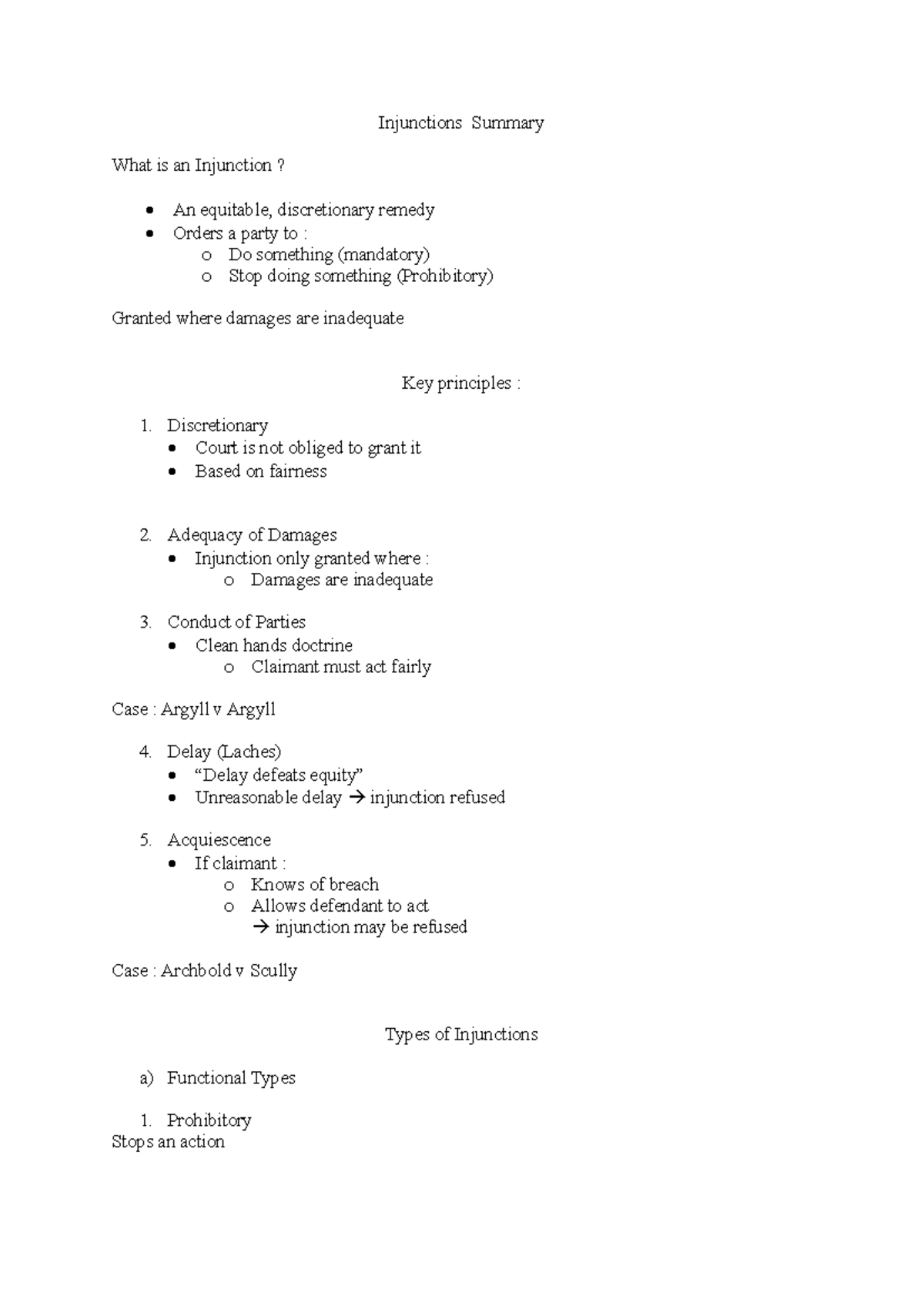 Injunctions Summary: Key Principles and Types in Law of Equity (LEQ101 ...