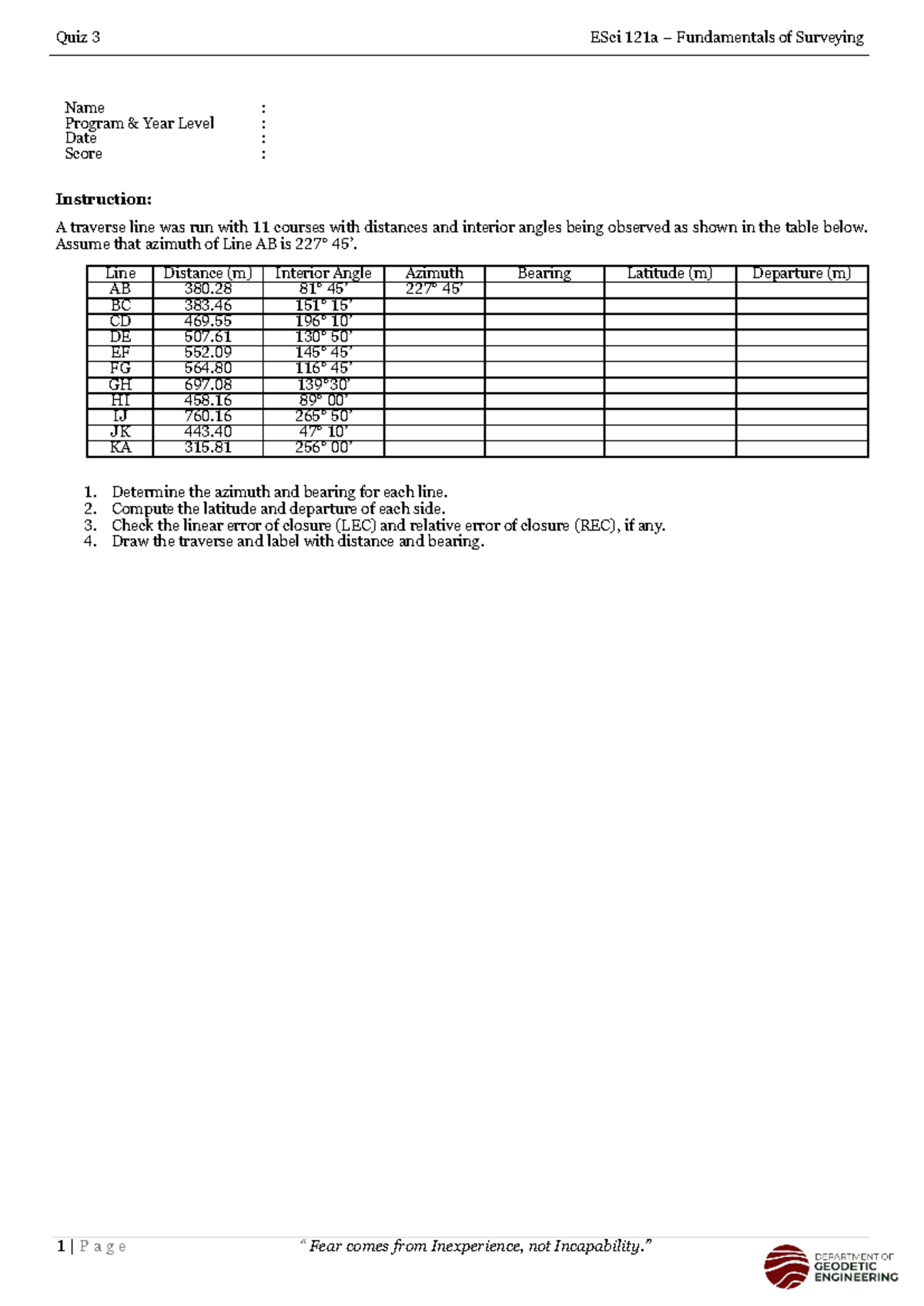 Quiz 3 ESci 121a: Fundamentals of Surveying - Traverse Analysis ...