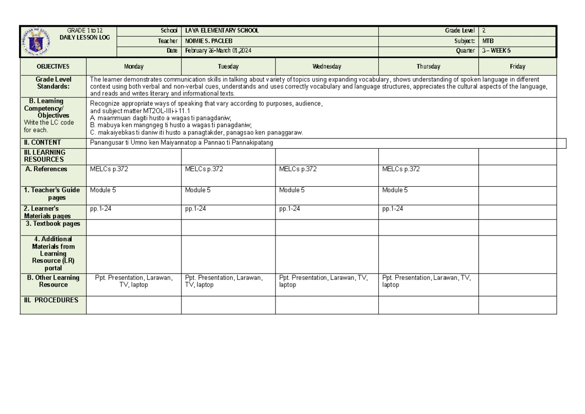 DLL Filipino 2 Q3 W6 Daily Lesson Log for Grade II - Studocu