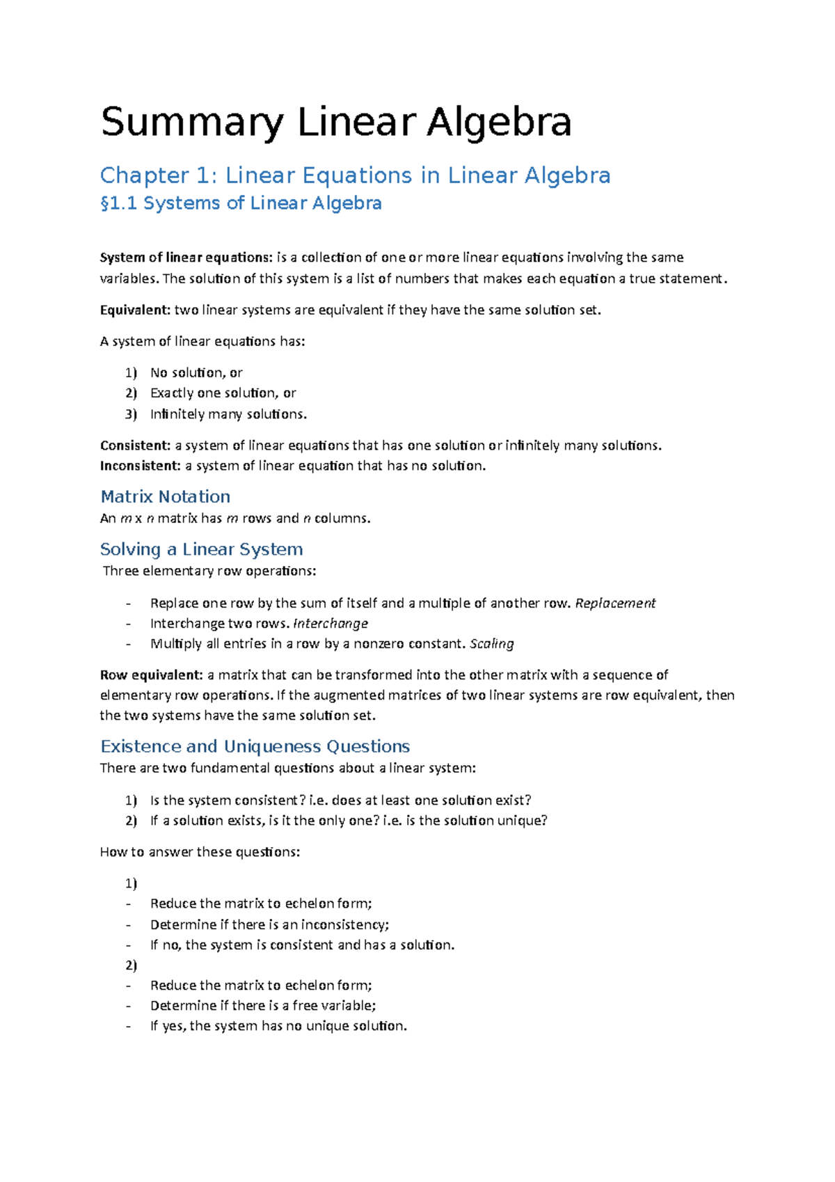 Summary of Linear Algebra Concepts and Techniques (MATH 201) - Studeersnel