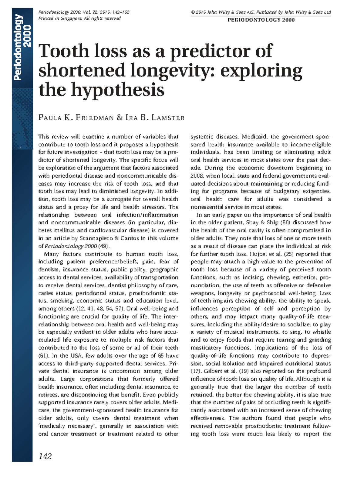 Tooth Loss and Longevity: Insights from Periodontology Vol. 72, 2016 ...