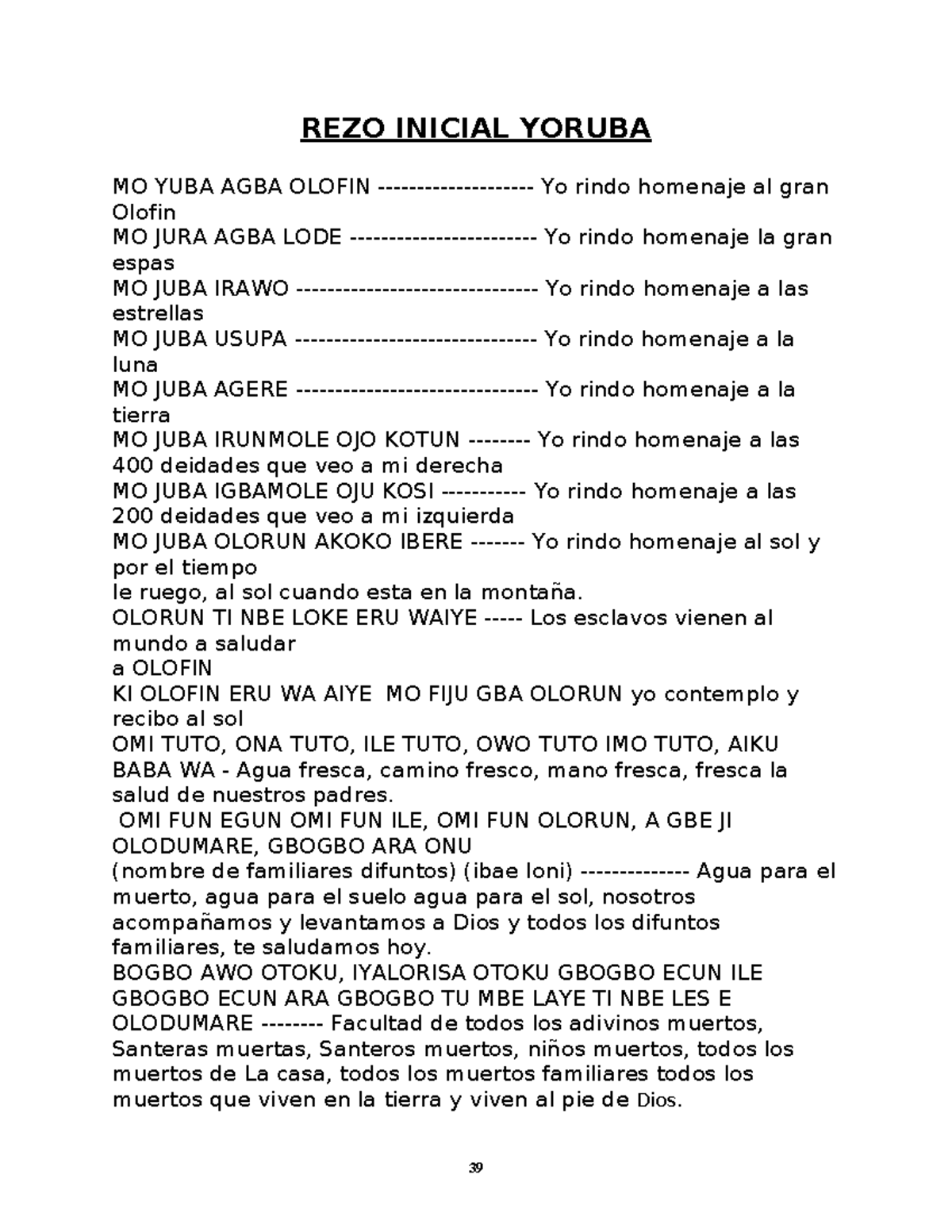 REZO INICIAL YORUBA: Homenaje a Olofin y Deidades - Studocu