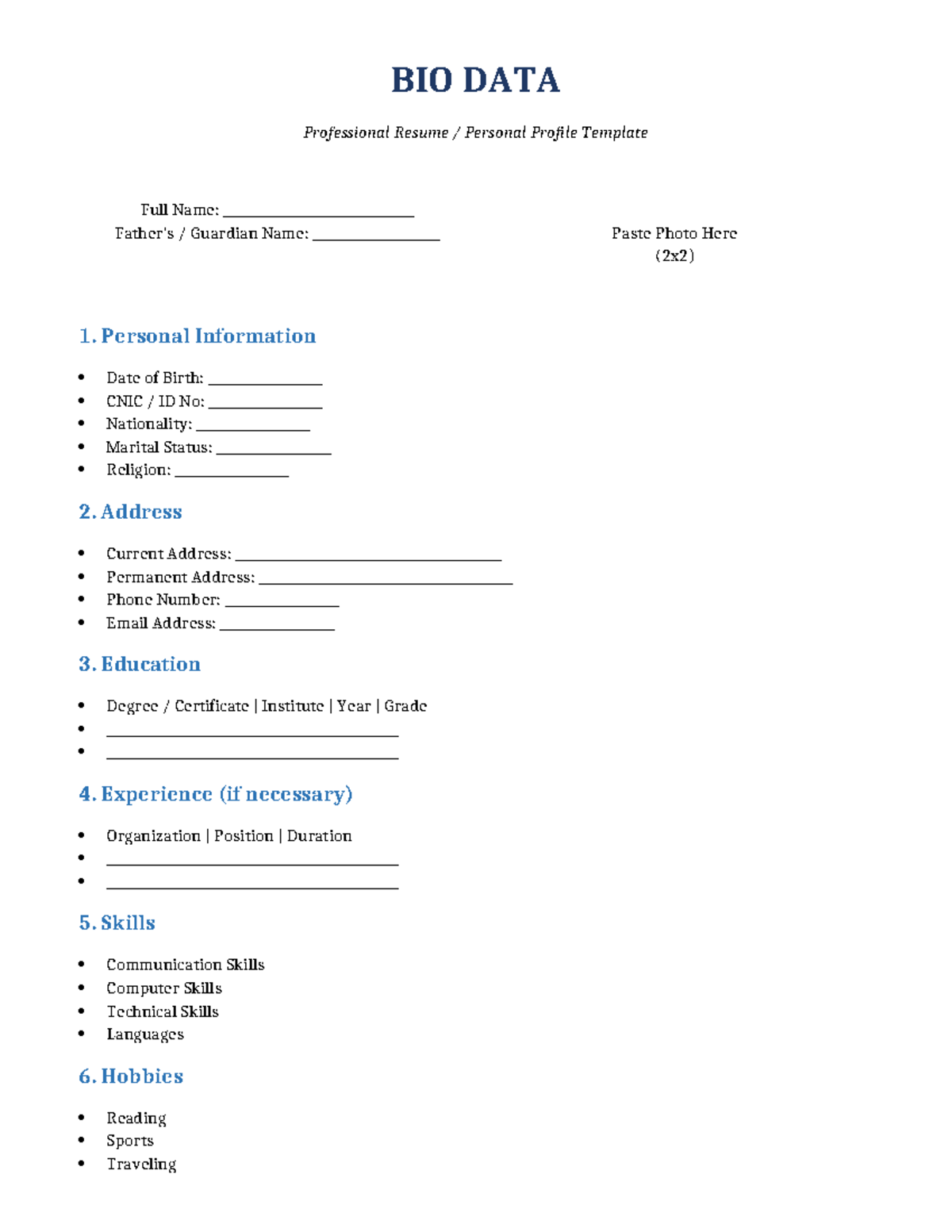 Bio Data Template - For my assignment - BIO DATA Professional Resume ...