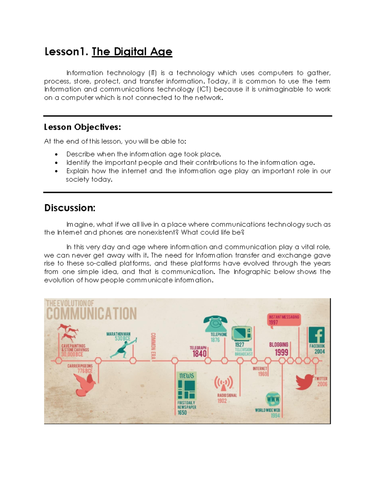 ITE Lesson 1 - Lesson1. The Digital Age Information technology (IT) is ...